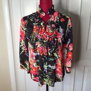 New   Spense Floral Ruffle‎ Button Down shirt sz M